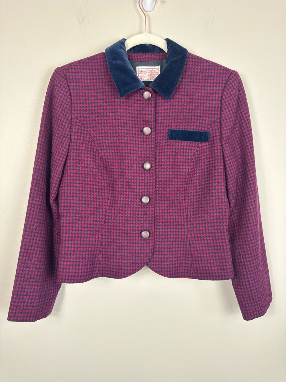 Pendleton Houndstooth Wool Jacket 8 Pink Blue Plaid Velvet Collar Vintage Work